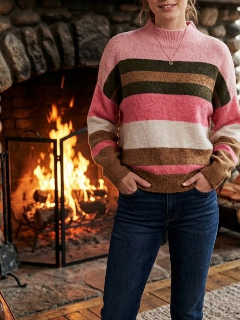 H&M Women's Wool Blend Striped Knit Mock Neck Sweater Dropped Shoulders Size L